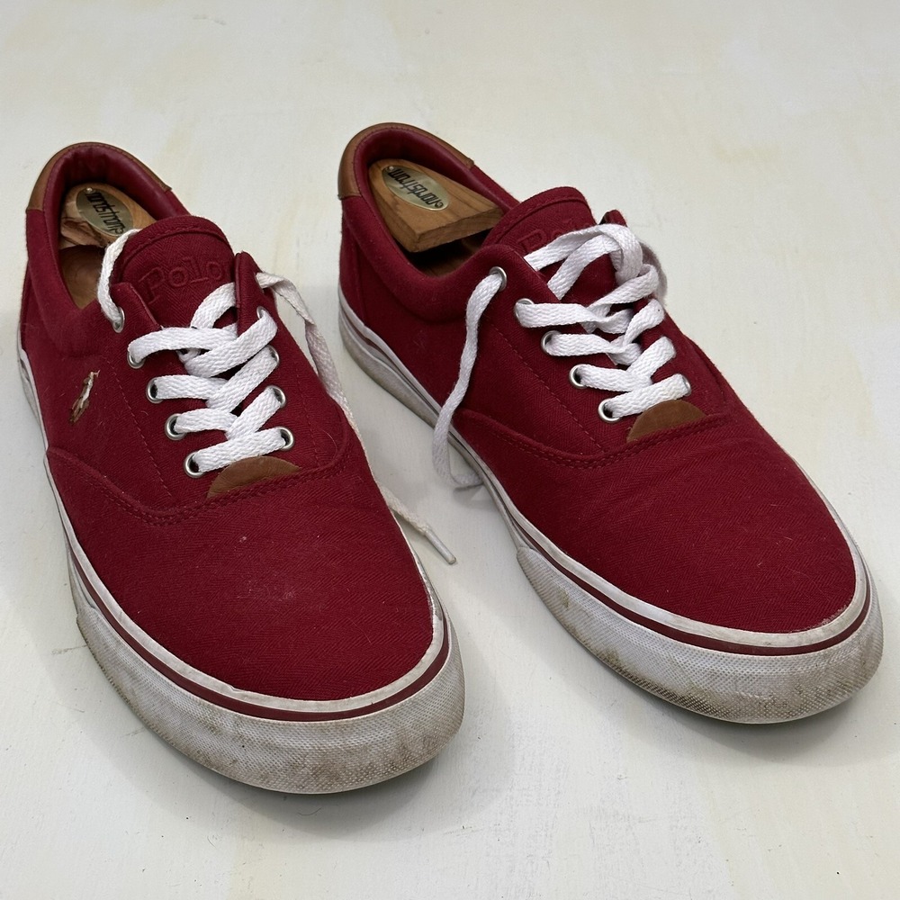 Polo Ralph Lauren Men's 10.5 Thorton Shoes Herringbone Red Canvas Logo Sneakers - Picture 7 of 14